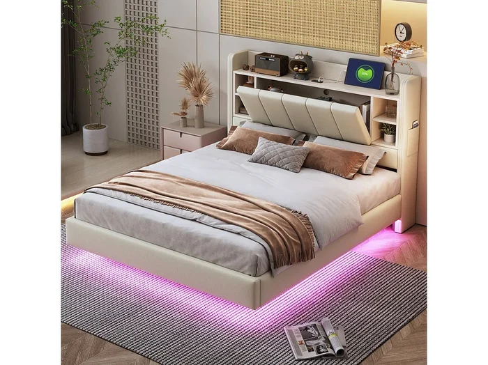 Cama adulta 140×200 cm beige en lino, diseño flotante con LED y USB, cabecero con almacenamiento, sin colchón