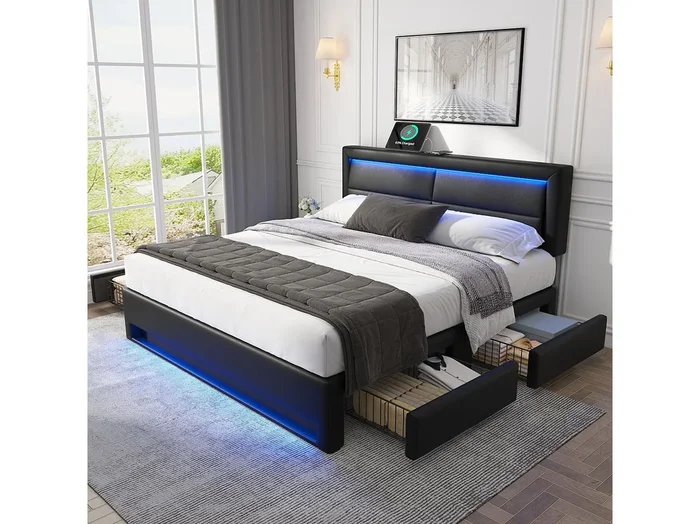 Cama adulto 140 x 190 cm – Cama doble con iluminación LED y cuatro cajones – PU negro – sin colchón
