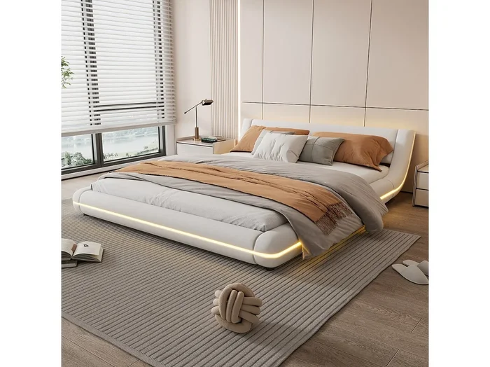 Cama adulto 160 x 200 cm – Cama doble con iluminación LED y mando a distancia de 24 botones – PU blanco – sin colchón