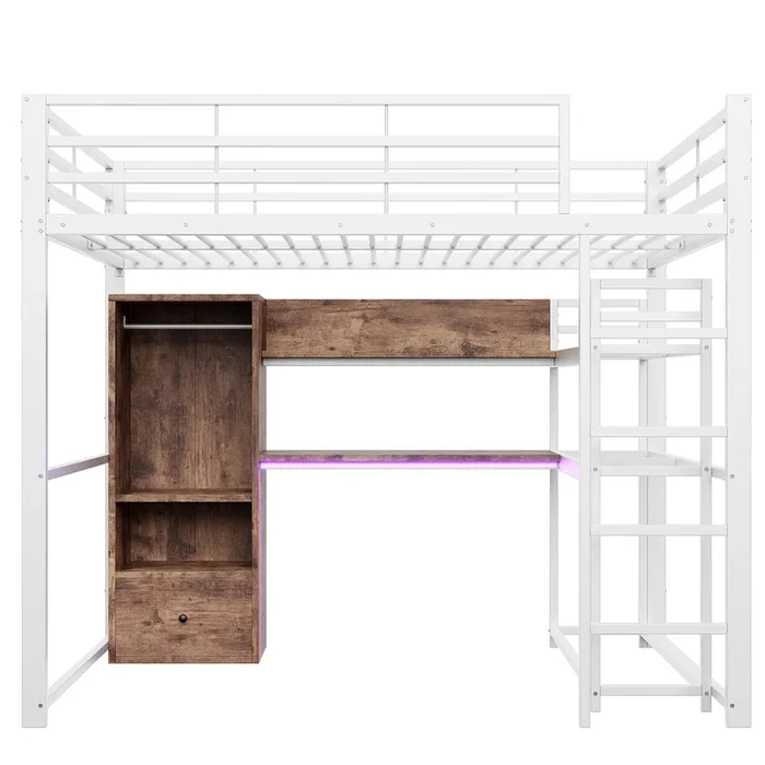 Cama alta 140x200cm – Cama metálica con LED, escritorio, 1 cajón, estanterías, barandilla, escalera, sin colchón – Blanco