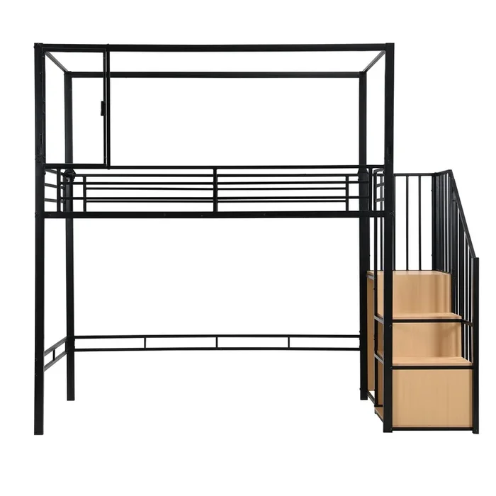 Cama alta 90×200 – Cama de hierro con escalera, armario y estantes, ventana acrílica magnética, espacio inferior configurable – Negro+Natural