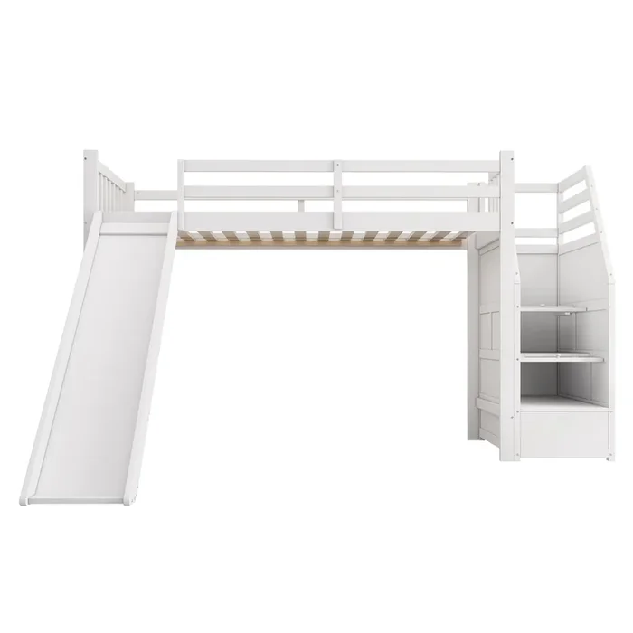 Cama alta 90×200 cm – Con tobogán, escalera de almacenamiento, certificada EN747 – Blanco