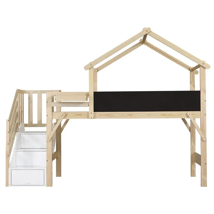 Cama alta cabaña infantil,cama individual de madera de pino 90x200cm con pizarra,escalera con almacenaje y protección contra caídas,blanco+natural