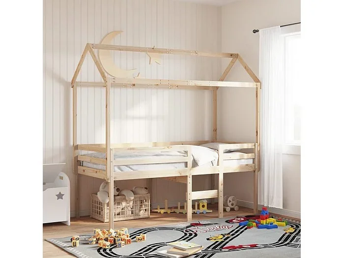 Cama alta con techo madera maciza de pino 90×190 cm