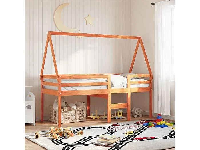 Cama alta con techo madera maciza de pino marrón cera 90×190 cm