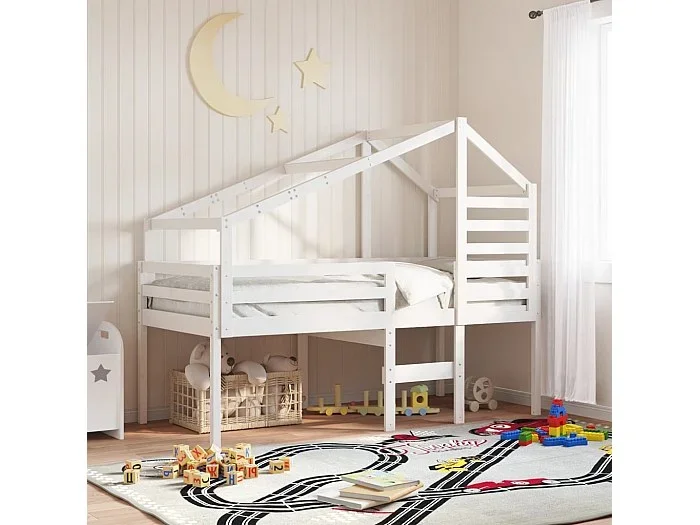 Cama alta con techo madera maciza pino blanca 75×190 cm