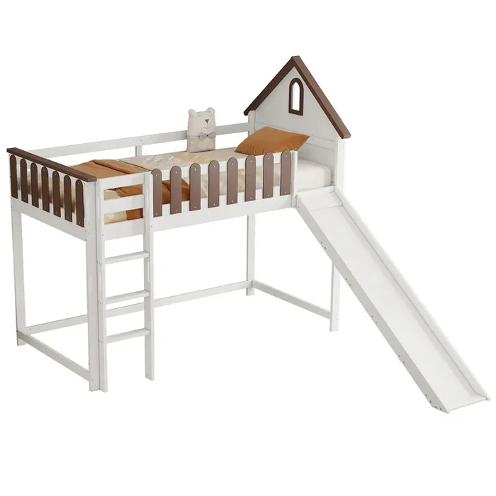 Cama alta, con techo y ventana, con escalera recta de tres peldaños, cama juvenil, cama infantil con tobogán, pino+MDF, blanco+nogal, 90x200cm