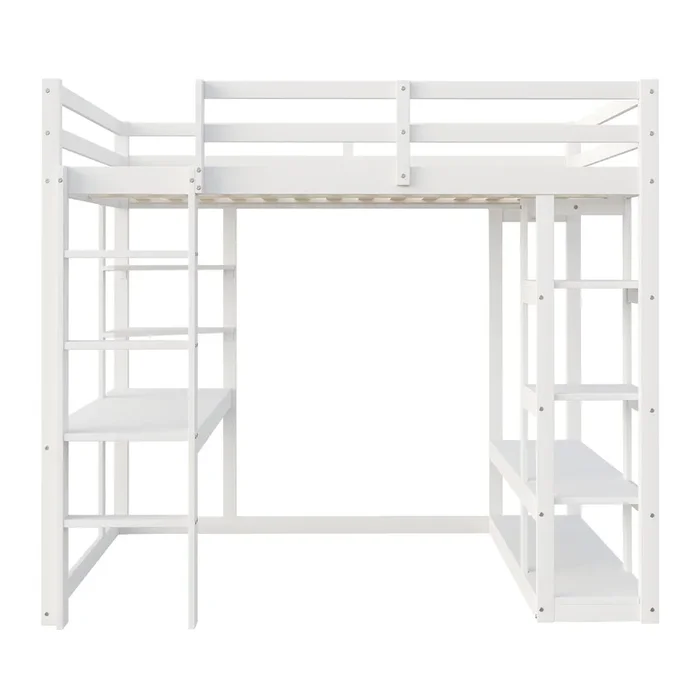 Cama alta de madera maciza 90*200 cm – Con mesa, estanterías y percheros – Blanco