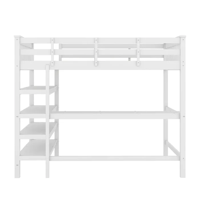 Cama altillo de pino macizo de 140×200 cm con escritorio y estante de almacenamiento – Blanco