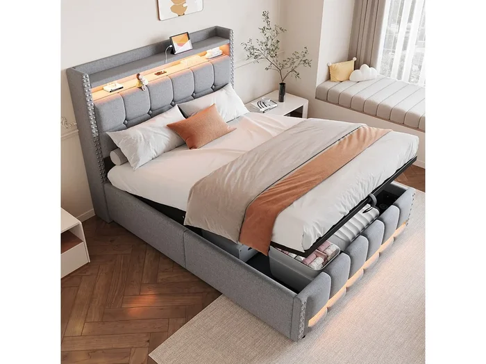 Cama baúl 140×200 cm para adultos con LED + toma USB, lino, somier de láminas, sin colchón, gris claro