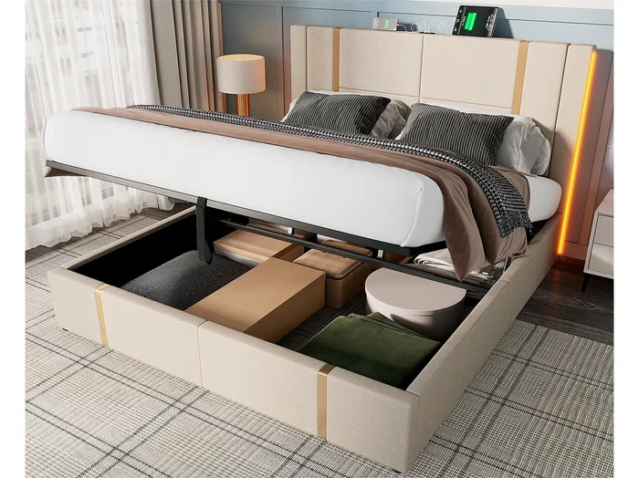 Cama baúl 160×200 cm tapizada en tela de lino – con LED y función de carga – con somier de láminas – Beige