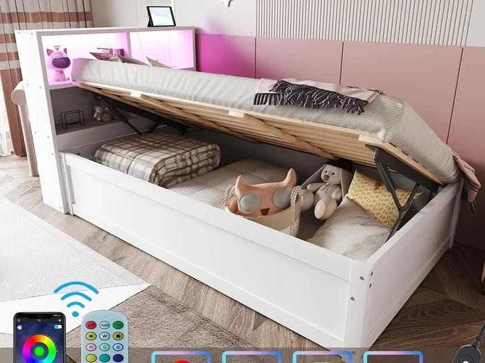 Cama baúl 90x200cm – Con toma de corriente – Con compartimento de almacenamiento – Con iluminación LED – Blanco (sin colchón)