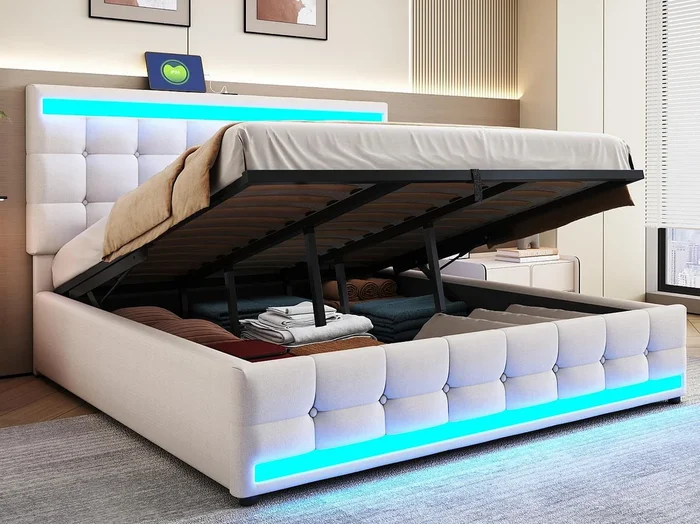 Cama baúl acolchada 180x200cm – Con puerto USB – Con tira de luz LED – Lino – Beige (sin colchón)