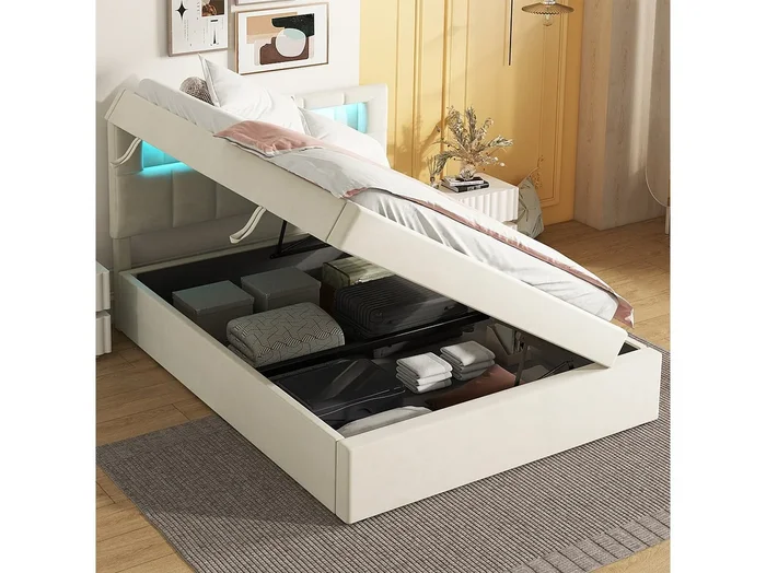 Cama baúl baja 90×200 cm, con iluminación ambiental, apertura unilateral, en terciopelo beige (sin colchón)