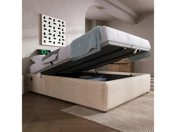 Cama baúl doble 160×200 cm – Carga USB-C, en lino natural (sin colchón)