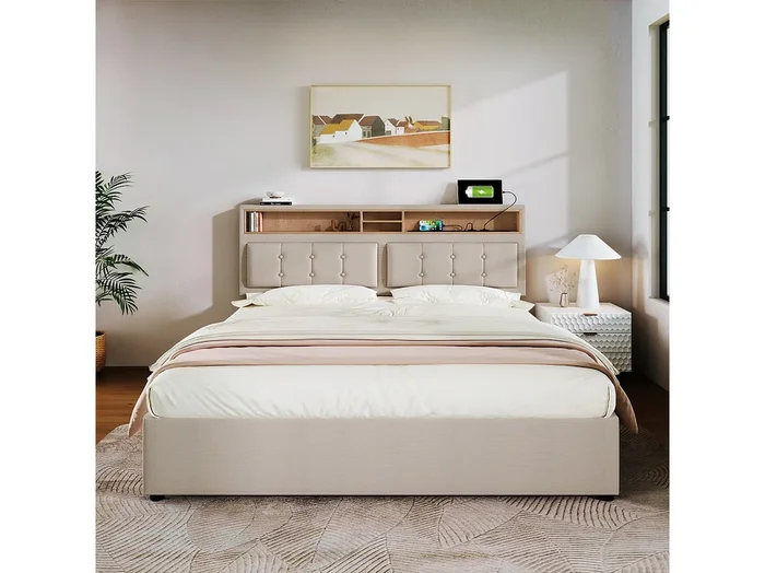 Cama baúl doble 160×200 cm con puerto USB-C, cabecero con función de carga, estructura de lino (sin colchón)