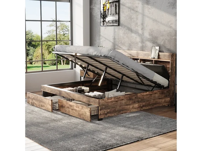 Cama baúl doble de metal 180×200 cm con cabecero y somier de láminas metálico, madera y negro (sin colchón)