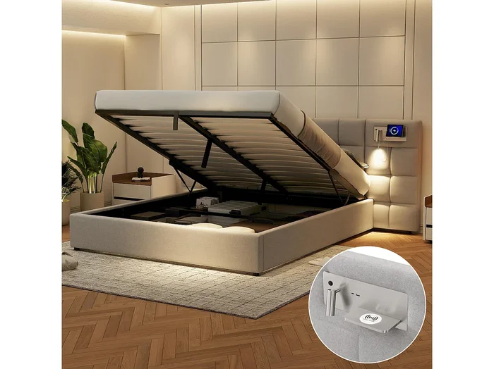 Cama baúl para adulto 180×200 cm con 2 lámparas de lectura y USB tipo C, lino gris, sin colchón