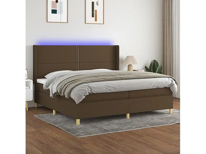 Cama box spring colchón luces LED tela marrón oscuro 200×200 cm