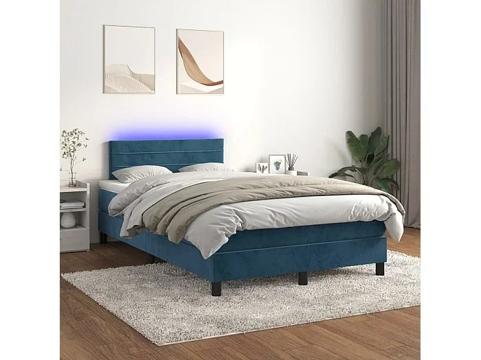 Cama box spring colchón y LED terciopelo azul oscuro 120×200 cm