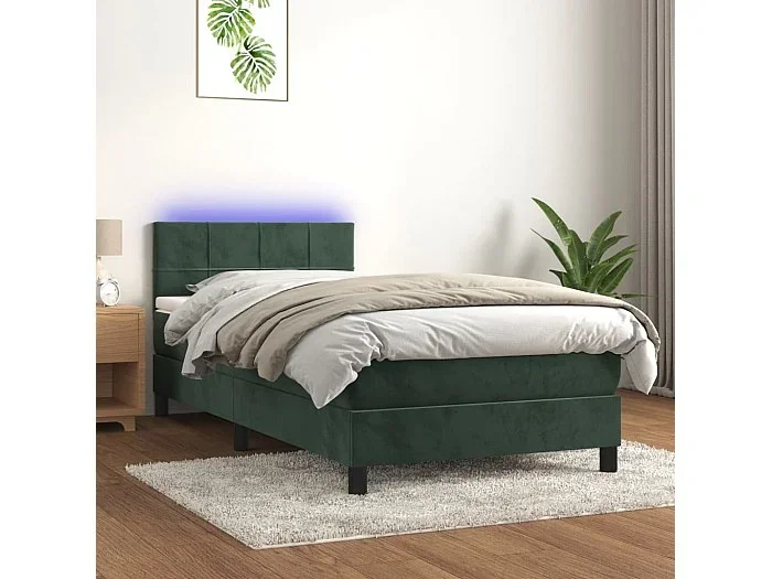 Cama box spring colchón y LED terciopelo verde oscuro 80×200 cm