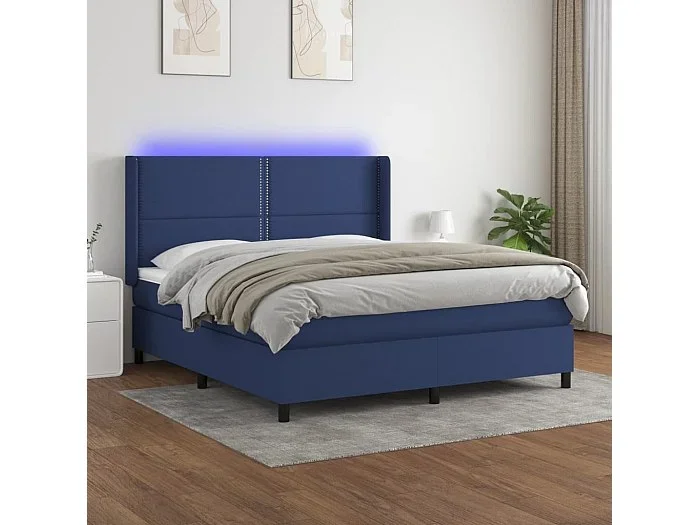 Cama box spring colchón y luces LED tela azul 180×200 cm