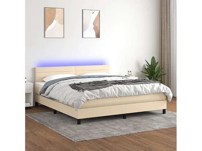 Cama box spring colchón y luces LED tela crema 160×200 cm