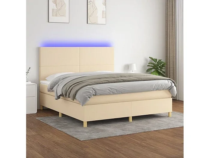 Cama box spring colchón y luces LED tela crema 160×200 cm