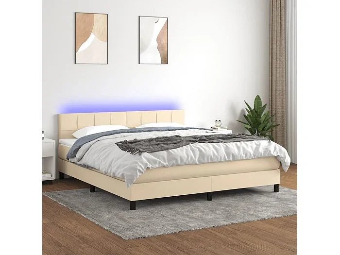Cama box spring colchón y luces LED tela crema 180×200 cm