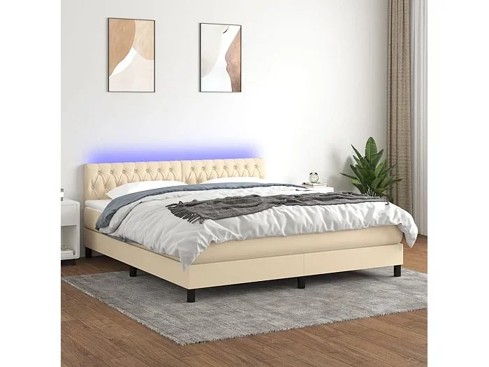 Cama box spring colchón y luces LED tela crema 180×200 cm