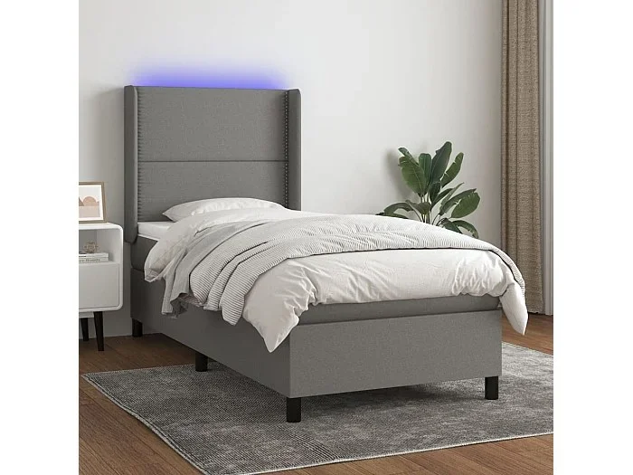 Cama box spring colchón y luces LED tela gris oscuro 80×200 cm