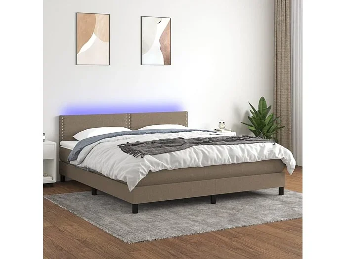 Cama box spring colchón y luces LED tela gris taupe 180×200 cm