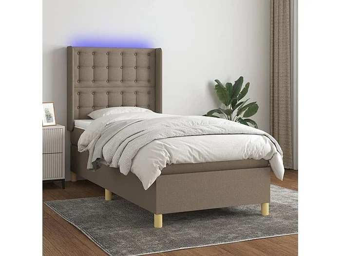Cama box spring colchón y luces LED tela gris taupe 90×190 cm