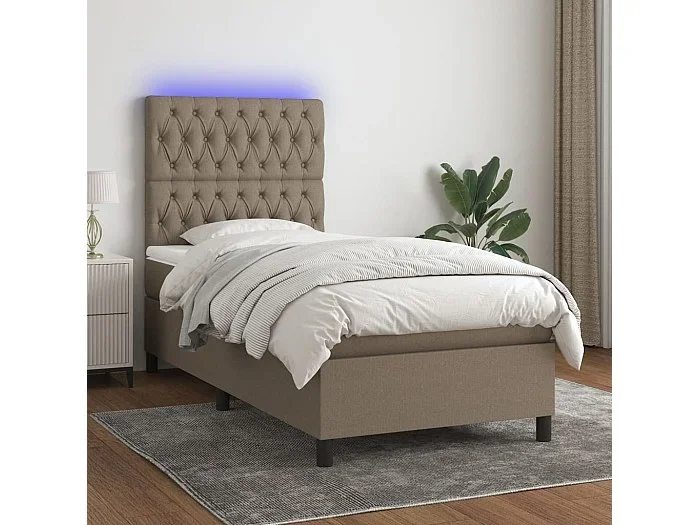 Cama box spring colchón y luces LED tela gris taupe 90×190 cm