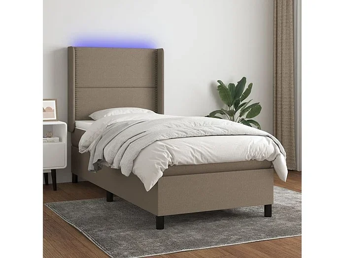 Cama box spring colchón y luces LED tela gris taupe 90×200 cm