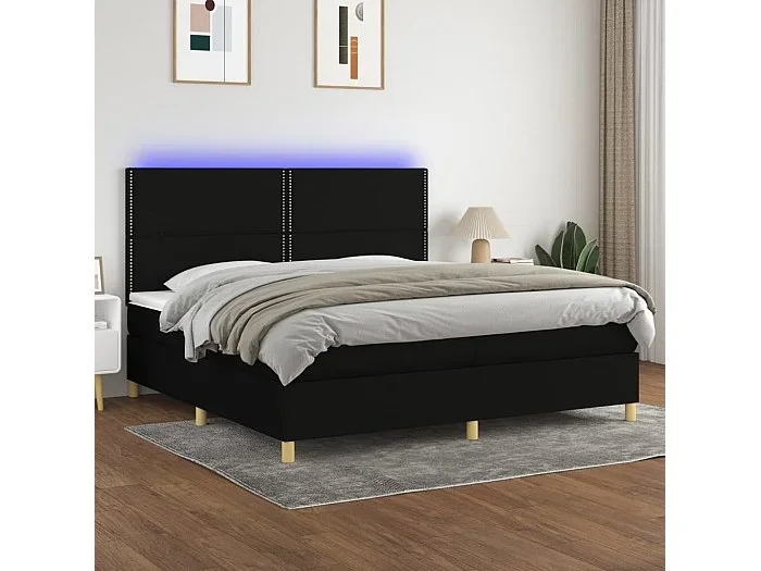 Cama box spring colchón y luces LED tela negro 200×200 cm