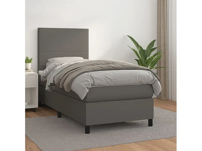 Cama box spring con colchón cuero sintético gris 80×200 cm