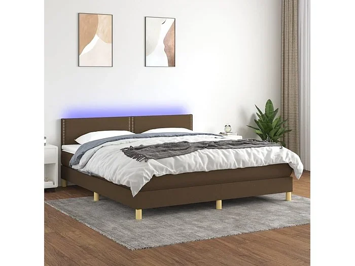 Cama box spring con colchón LED tela marrón oscuro 180×200 cm