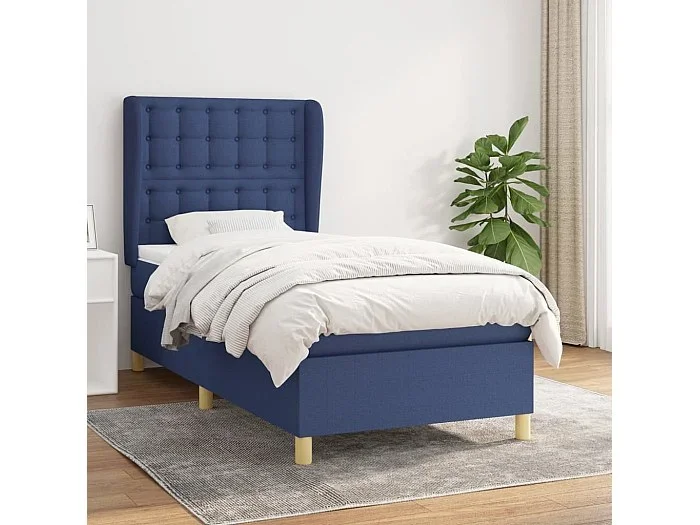 Cama box spring con colchón tela azul 90×190 cm
