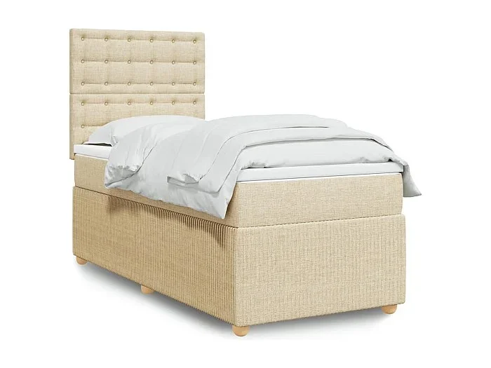 Cama box spring con colchón tela color crema 90×190 cm