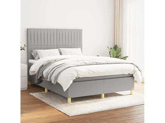 Cama box spring con colchón tela gris claro 140×190 cm