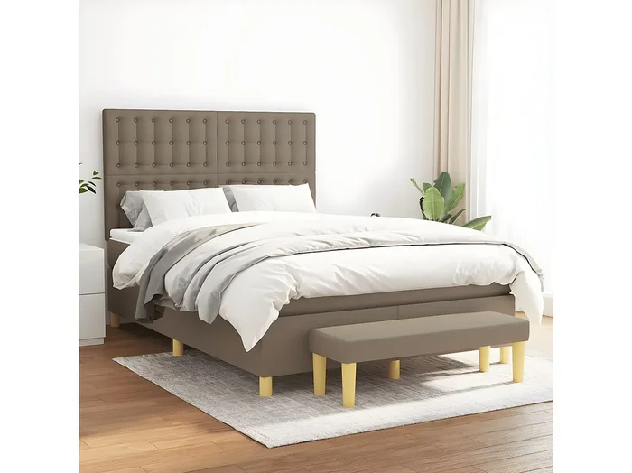 Cama box spring con colchón tela gris taupe 140×200 cm