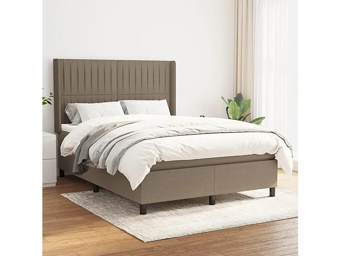 Cama box spring con colchón tela gris taupe 140×200 cm