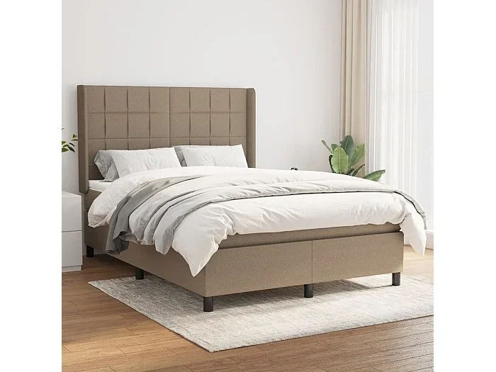 Cama box spring con colchón tela gris taupe 140×200 cm