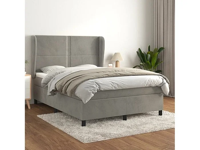 Cama box spring con colchón terciopelo gris claro 140×190 cm