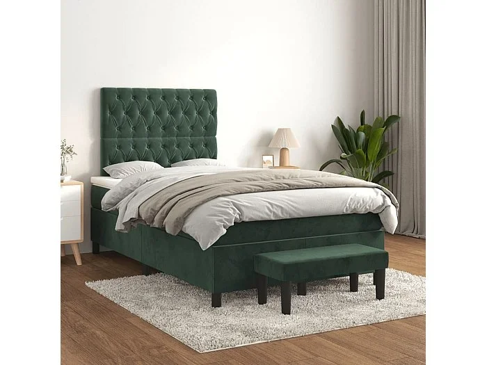 Cama box spring con colchón terciopelo verde oscuro 120×200 cm