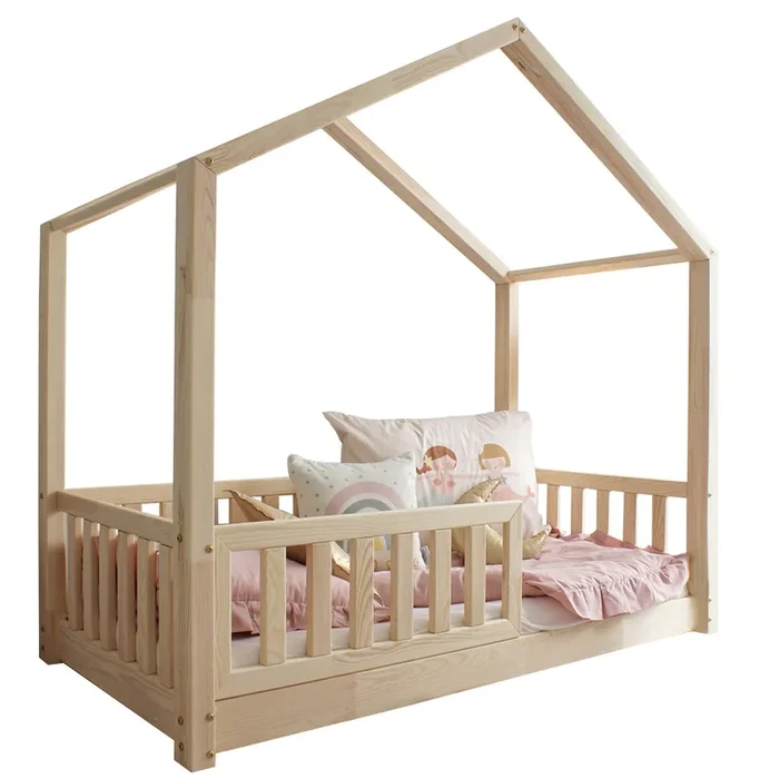 Cama cabaña 90×190 con barandilla y somier patas 1 cm Roxane Madera