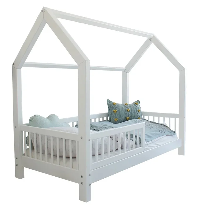 Cama cabaña 90×200 con barandilla y somier patas de 10 cm Sofia Blanco