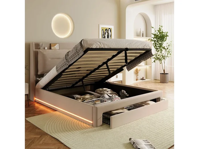 Cama canapé 140×200 cm con cabecero y 2 cajones – LED – Terciopelo – Beige (sin colchón)