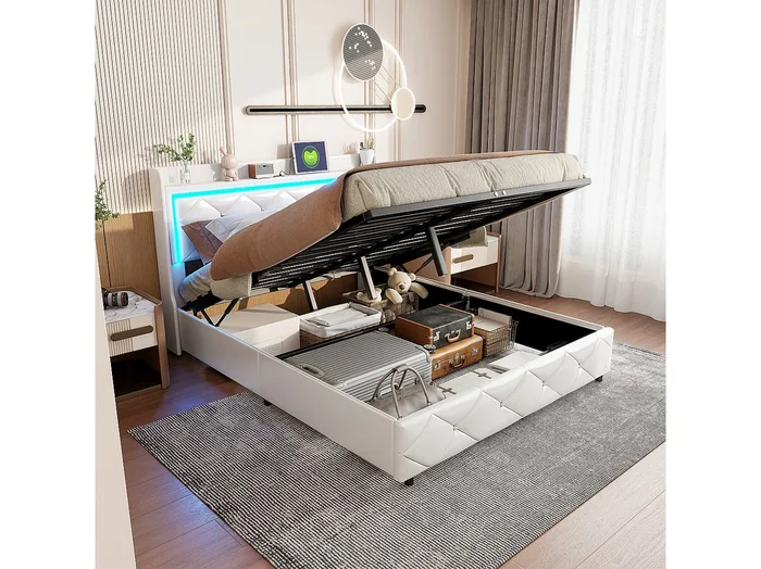 Cama Canapé 140×200 con LED, Tapizada, con USB y Base Tipo C, con Almacenaje, PU, Color Blanco